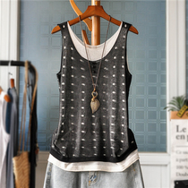 Summer new linen knitted vest womens loose thin Art fake two base shirt hole suspenders