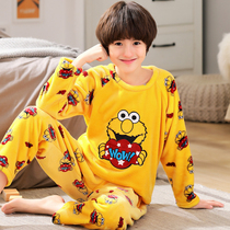  Boys  pajamas childrens 2021 new spring and autumn and winter flannel coral velvet home clothes large children thickened suit