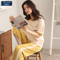Pajamas womens summer short-sleeved cotton three-point pants Korean version of fresh student round neck casual can be worn outside home service suit
