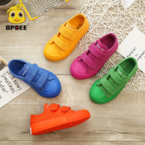 Childrens canvas shoes 2021 spring and autumn Korean version of low-top boys and girls shoes tide Velcro candy color casual board shoes