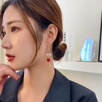 Japans Korean temperament Long style butterfly knot crystal earrings female personality Pale Red Ball Flow Suear Spirile