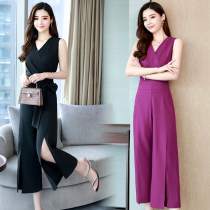 Zhang Cai Feiyue suit female green 2021 summer Korean sleeveless fashion slim two-piece fork wide leg pants