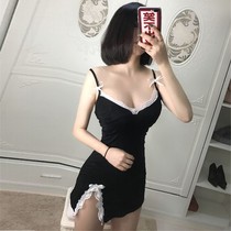 Sexy lingerie ol dress suit Thin heart split through ice silk female tight teacher short skirt temptation nightclub