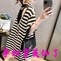 Net red tide mom summer new foreign style backless T-shirt Korean version of loose short sleeve maternity dress long belly top
