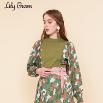 Lily Brown Spring and Summer sweet printed lantern sleeve knitted Chiffon stitching shirt LWNT191045