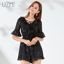 2021 summer set flared sleeve floral lace-up black chiffon conjoined shorts women