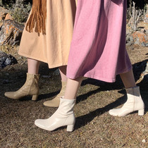 SYT a Nice boots 2021 Winter Joker low white square head heeled boots British style skinny boots