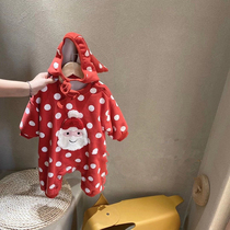 Winter baby Christmas clothes plus velvet warm red jumpsuit baby Foreign cute thick climbing suit Korean version