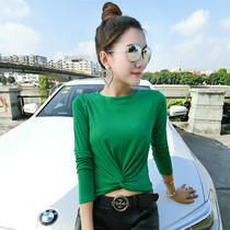 Korea Tide Brand 2021 autumn wear T-shirt womens long sleeve cotton autumn clothes slim short base shirt navel top