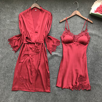 Japanese Sexy Harnesses Sleeping Skirts Two Sets Womens Summer Ice Silk Sleepwear Sleeping Robes Thin and embroidered home clothes with chest pads