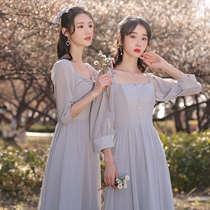 Bridesmaid dress 2022 new long gray winter fairy wedding sister group dress skirt is thin and simple atmosphere female