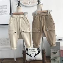 Green childrens products) Spring 2020 Korean childrens black small button high stretch pocket casual pants kindergarten pants