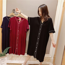 Modal cotton nightgown short sleeve V-neck cardigan pajamas women Summer plus fat plus size fat mm200 kg medium skirt