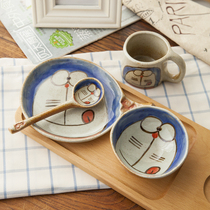  Ceramic childrens machine Blue Cat creative tableware bowl set Cute cartoon bowl gift
