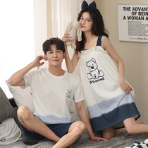 2 Sets Price Couples Sleepwear Womens Summer New Pure Cotton Cute Harnesses Sleeping Skirts Mens Slim Big Code Short Sleeve Home Clothes