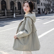 2022 pop fashion spring autumn new Korean version loose slim drawing rope to collect waist and cap 100 lap wind suit womens thin coat