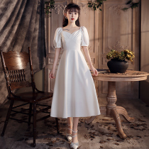 French small white dress license registration first love satin small person daily waisted summer light wedding dress engagement dress