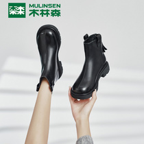 Mulinsen Martin boots womens autumn and winter leather thick-soled mid-tube thin boots womens British style fashion boots thick heel short boots women