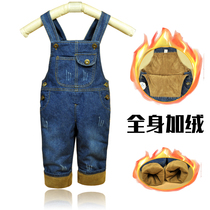 Baby overalls plus velvet boys and girls trousers spring autumn and winter infants 1 year old 2 Korean version of the childrens jeans trend