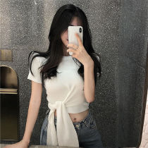 Design Sense Cross Strap Blouse Blouse Women Spring 2021 New Student Ice Silk Short Sleeve Knit T-shirt Ins Tide