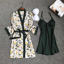 Japanese Pyjamas Womens Summer Sexual Sensation With Chest Cushion Ice Silk Long Sleeve Pyjamas in long sleeves Printed Harness Sleeping dresses Two sets