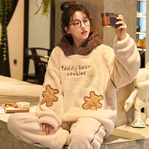 Pajamas Woman Autumn Winter Style Coral Suede Thickened Garnter Warm Cute Cartoon Comfort with cap Home Comforts Sweet long sleeves