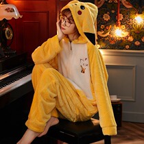 Coral velvet pajamas womens autumn and winter thickened velvet sweet cute student hooded flannel homewear one-piece suit