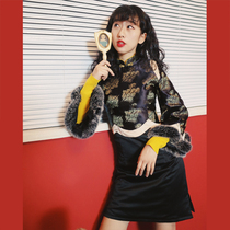 Huang Niuniu students original homemade bird featherblack and white autumn and winter seven-point sleeve wool padded modified Cheongsam skirt