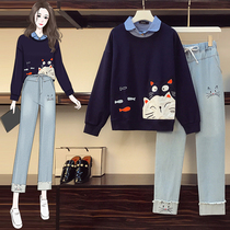 Big woman high-end large size womens clothing 2020 autumn new fat mm foreign style thin sweater jeans two-piece suit