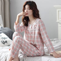 High-grade double-sided pure cotton pajamas womens spring and autumn long-sleeved large size Korean version of casual home clothes suit moon clothes winter