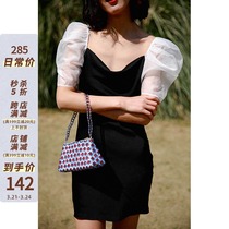 MICHELLLYMO French style square collar high waist mesh yarn sleeves satin finish dress Summer new