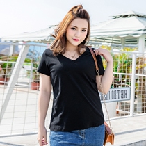 Summer pure color big code short sleeve t-shirt woman gats up fat mm200 catty and compassionate V collar loose fat younger sister blouses cotton