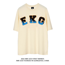 AWE GOD American original tide brand letter flame flocking short sleeve 2022 summer new loose T-shirt tide