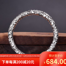 Foot silver 999 retro style National wind 100 lap personality Elegant Round Stick Solid Full Carved opening Xiang Cloud bracelet