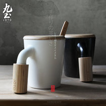 Nine-earth coffee cup minimalist Euro-style Mark cup creative lovers men and women for cup with wood cover spoon white ceramic water cup