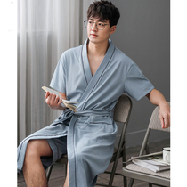  Nightgown mens summer cotton thin bathrobe pajamas Japanese kimono short-sleeved mid-length home service two-piece zs