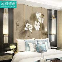 Classical Zen artistic conception White Lotus fish Lotus Temple background wall cloth Lotus custom bedroom window soft decoration mural