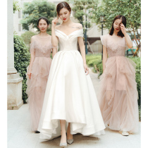 Wedding dress 2021 new bride thin satin French shoulder female luxury travel shoot super fairy simple forest dress