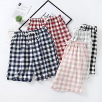 Knitted Cotton pajama pants womens summer shorts thin loose wear plaid simple cotton home pants Japanese five-point pants