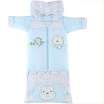 Baby thickened sleeping bag Autumn and winter baby thickened lengthened pure cotton anti-kick quilt detachable sleeve detachable cap Pure cotton thickened