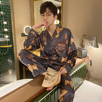 Mens pajamas Spring and Autumn long sleeves thin ice silk Korean cardigan cartoon home clothes casual silk two-piece set