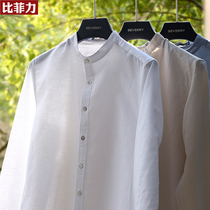 Chinese style mens collar shirt mens linen long sleeve Korean version of slim spring and autumn handsome cotton linen round collar white shirt tide