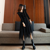 2021 new womens autumn dress temperament chic French niche senior design sense knitted mesh stitching dress