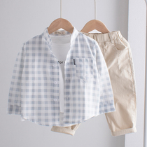 Childrens long sleeve shirt cotton thin 2021 Spring and Autumn new boy plaid shirt stand collar baby Joker top