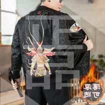 Chinese style mens autumn and winter plus velvet embroidered jacket national tide Wukong jacket fat size trend baseball uniform thick