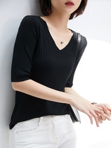 Ice silk knit shirt large size womens new summer fat mm white seven-point sleeve T-shirt thin half-sleeve V-neck base top