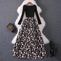 2021 autumn womens new knitted mesh stitching dress floral dress floral long skirt round neck long sleeve slim A- line dress