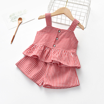 Childrens summer style suit 2022 summer dress new girl plaid striped short sleeve shorts two sets baby foreign air cover