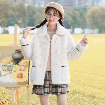  Winter imitation lamb plush wool coat junior high school students plus fluff coat short Korean girls college style