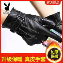 Playboy leather gloves mens sheepskin warm plus velvet cotton autumn and winter driving cycling touch screen womens trend